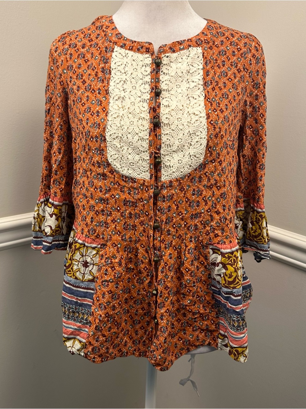 Maeve Boho Lace-Front Orange Patterned blouse Top 4